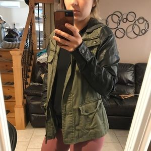 Green Military Jacket with Leather Sleeves